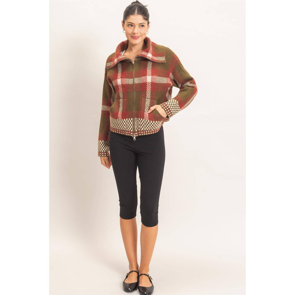 Wide Collar Plaid Zip-Up Sweater