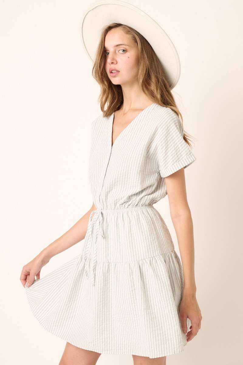 STRIPE BUTTON FRONT MINI SHIRT DRESS