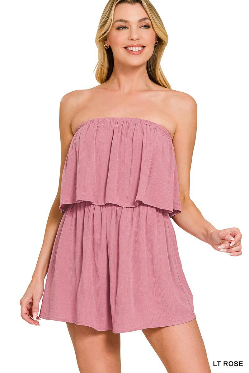 Woven Crinkle Strapless Rompers