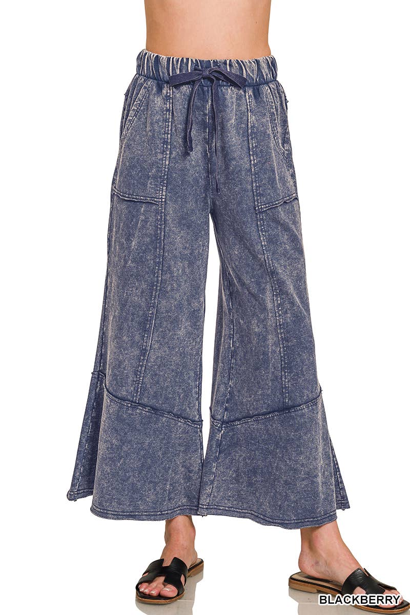 `Acid Washed Flare Hem Pants With Pockets Zenana