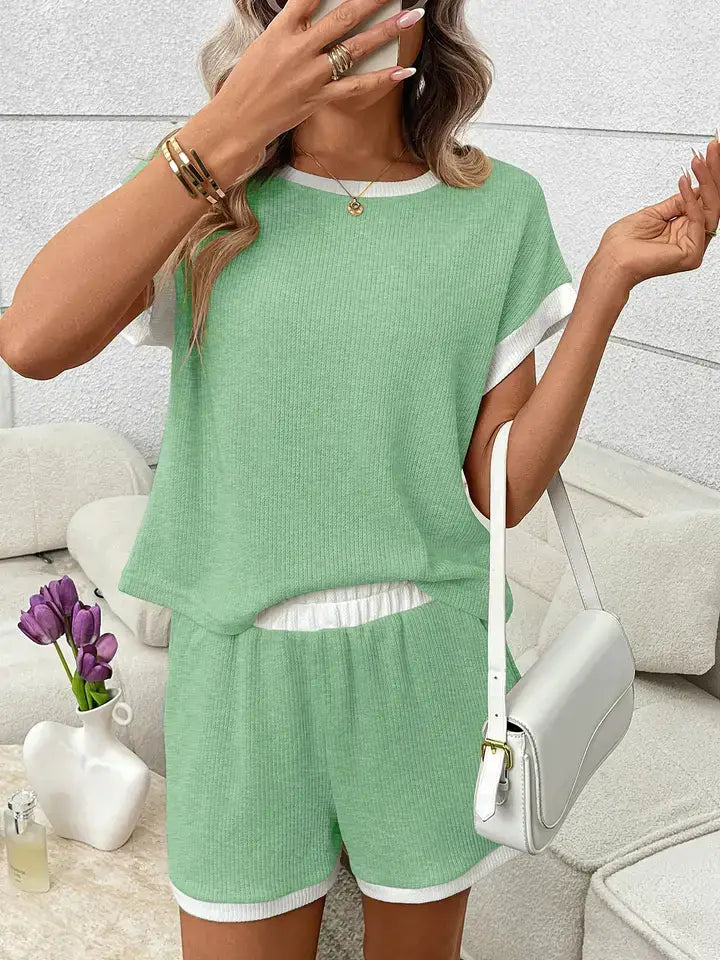 Waffle Knit Lounge Set Casual Shorts Outfit