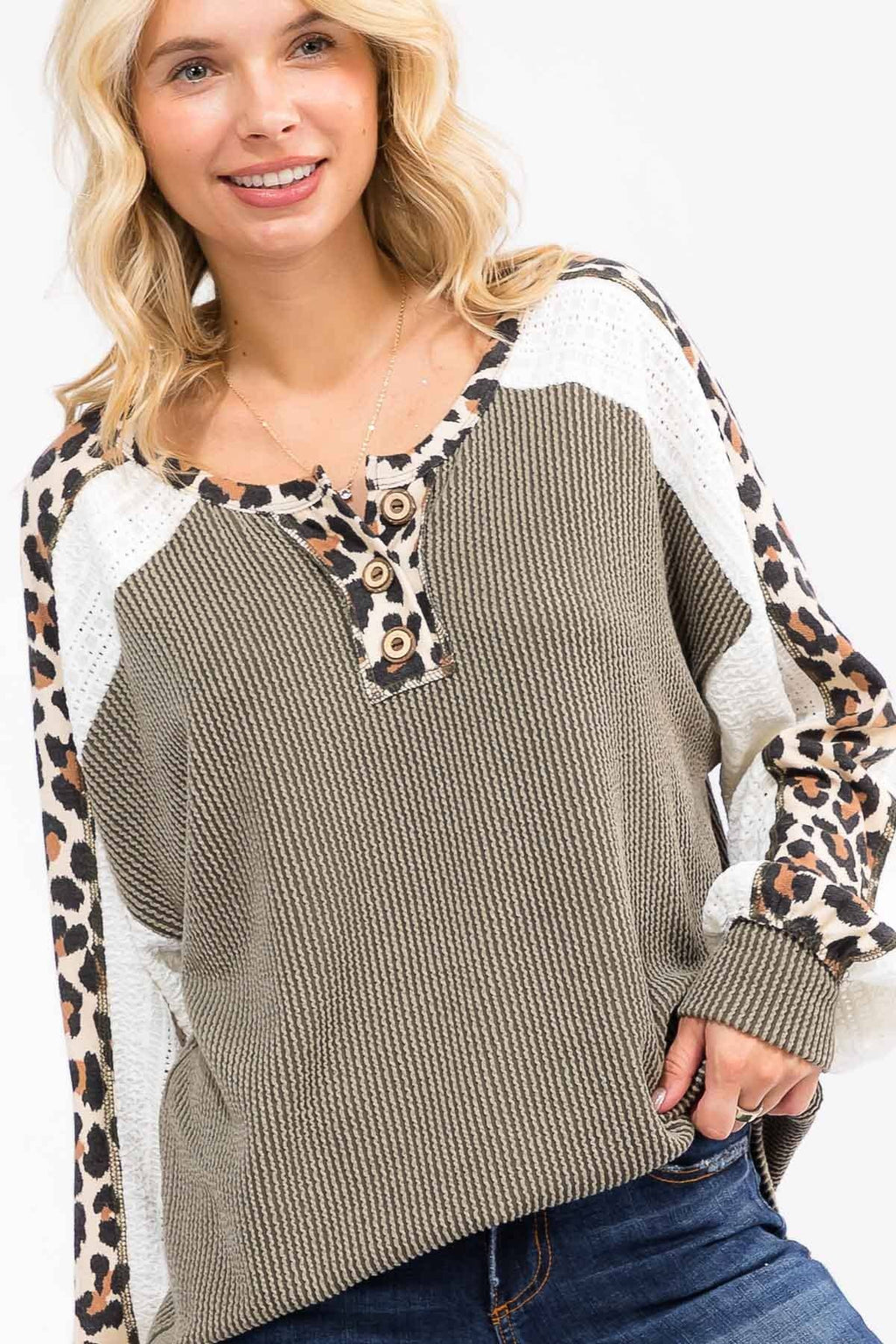 Rib Knit Leopard Lace Sleeve Detail Pullover Top