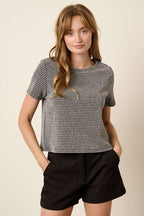 T10373B - GEO PATTERN METALLIC SHORT SLEEVE TOP