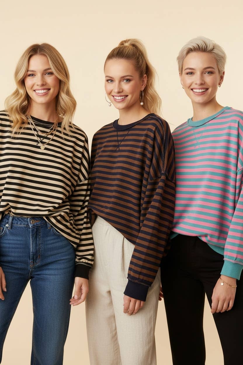 HT20242 Striped Drop-Shoulder Pullover Sweatshirt