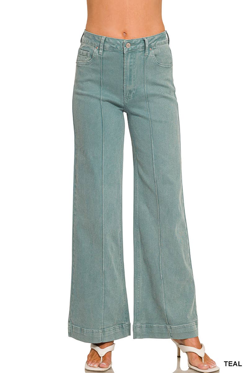 High Rise Wide Leg Pintuck Color Denim Pants
