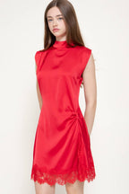 Sleeveless High Neck Satin Mini Dress with Lace Hem Detail
