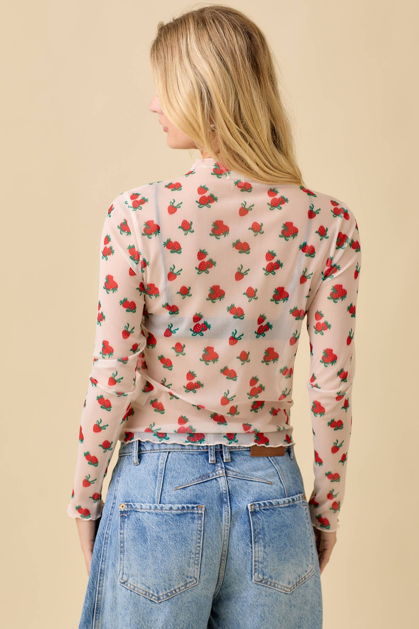 Strawberry Bow Print Long Sleeve Mesh Top