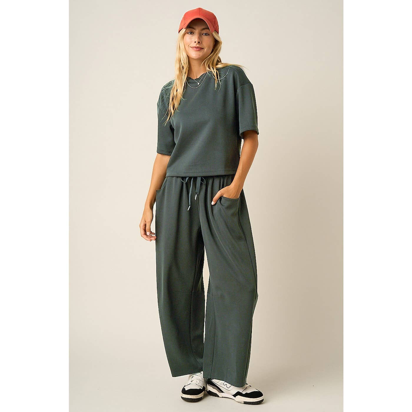 CLOUD KNIT DRAWSTRING WAIST BARREL LEG PANTS