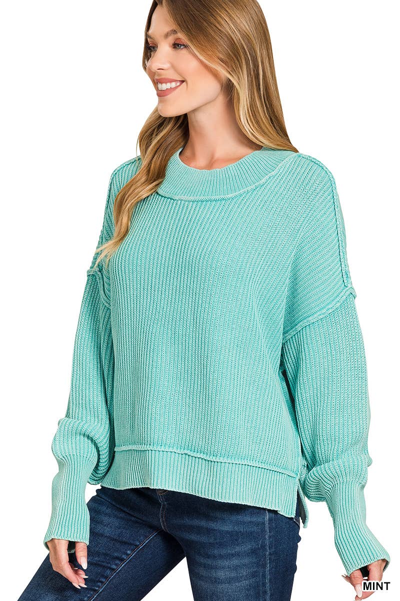 Washed Side Slit Oversized Cropped Sweater