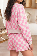 66 Checkered Long Sleeve Crop Top and Shorts 2pcs Set (S-XL)