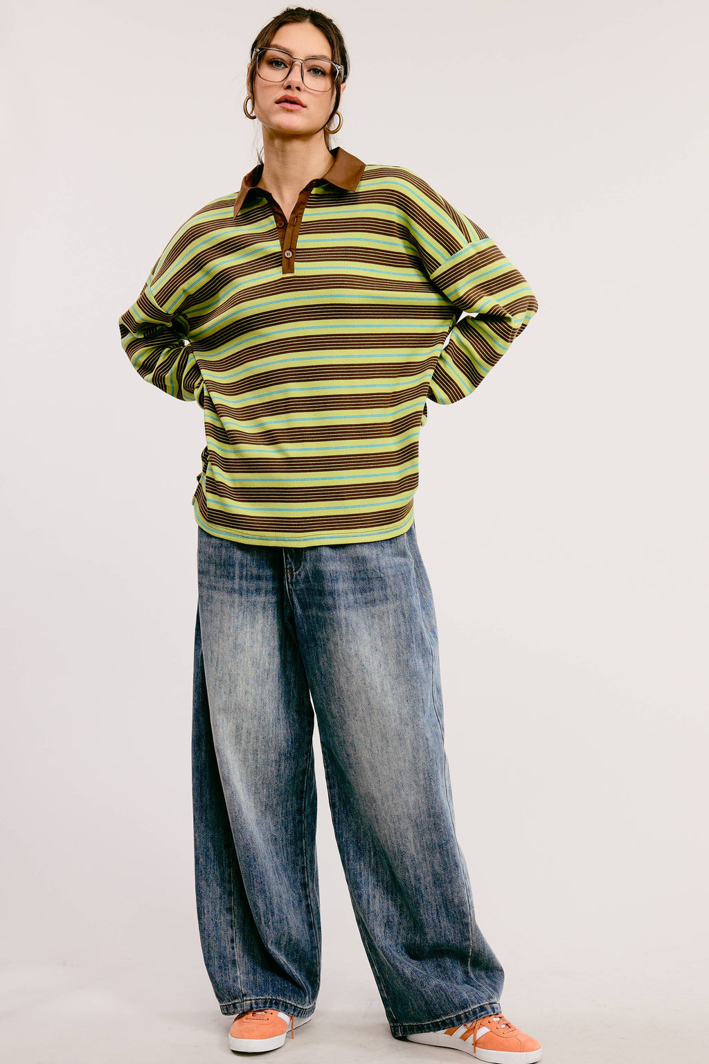 Multicolor Stripe Oversized Long Sleeve Polo Shirt