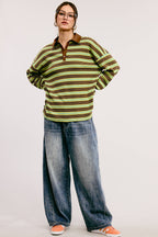 Multicolor Stripe Oversized Long Sleeve Polo Shirt