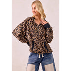 LEOPARD PRINT WAFFLE HALF ZIP UP HOODIE W POCKET