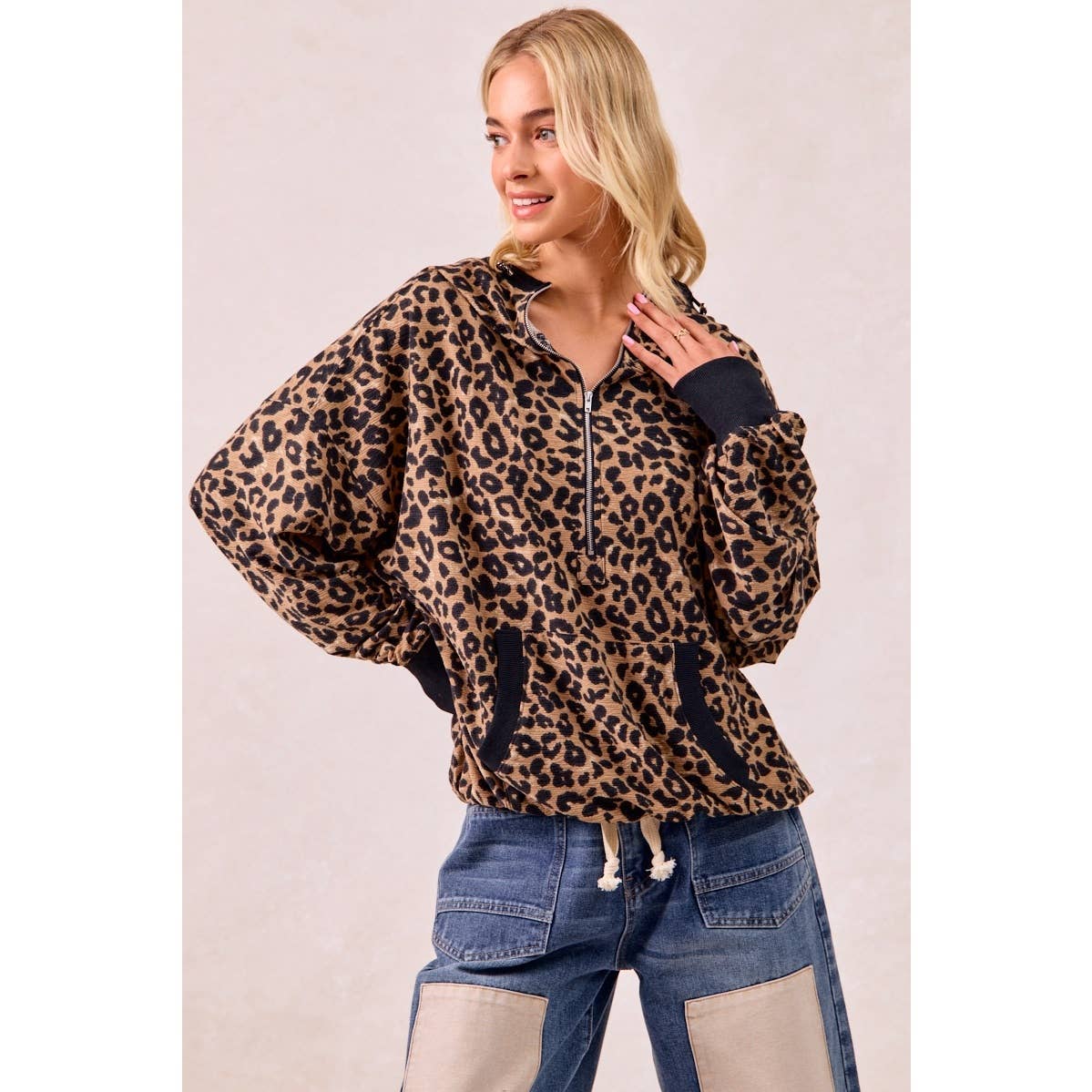 LEOPARD PRINT WAFFLE HALF ZIP UP HOODIE W POCKET