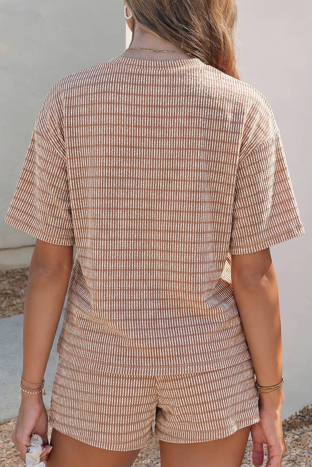 Raised Rib Loose Tee Drawstring Elastic Waist 2pcs Short Set
