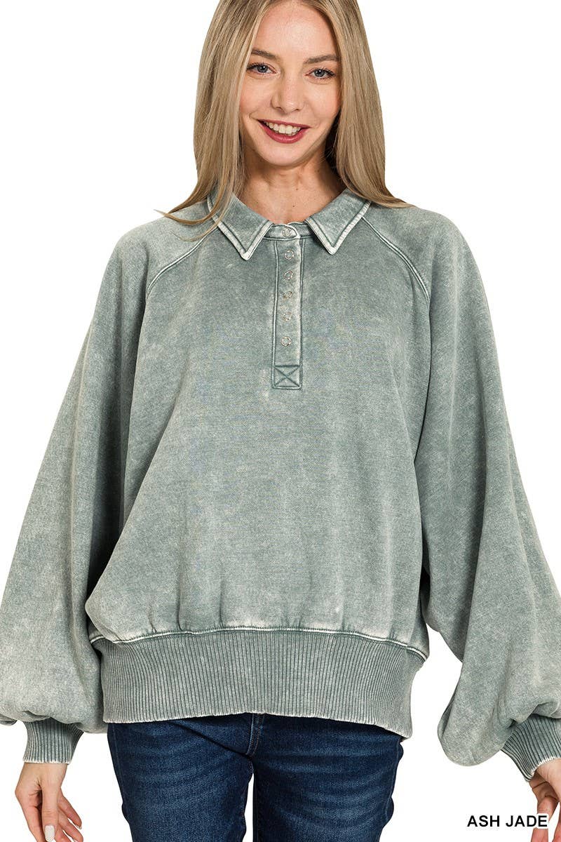 Acid Wash Fleece Button Up Collared Pullover