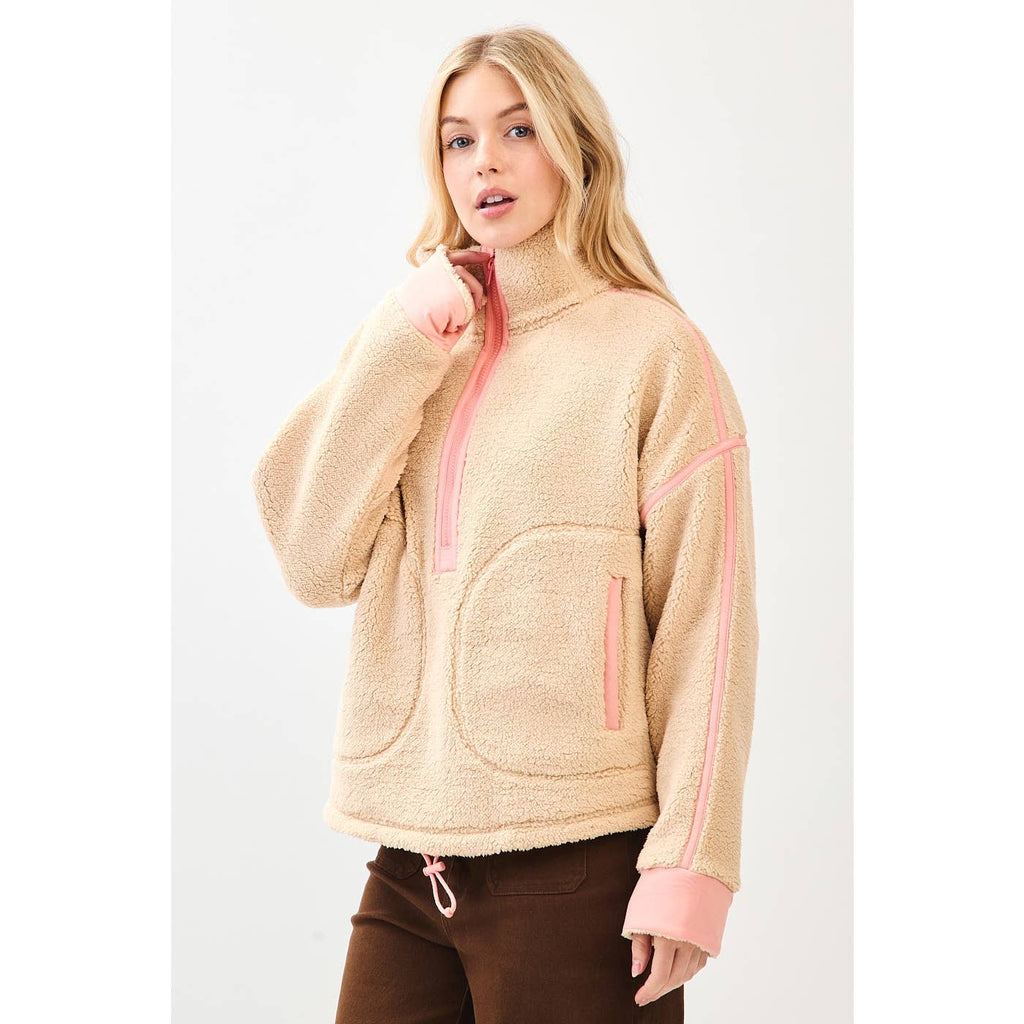 HALF ZIP CONTRAST DETAIL FLEECE SWEATSHIRT