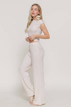 Short Sleeve Crew Neck Top & Waist Band Flare Pants Set