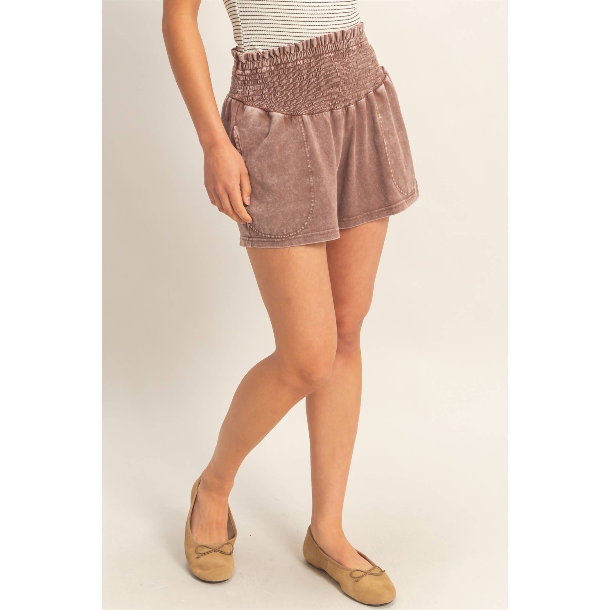 Smocked Waist Mineral Wash Shorts