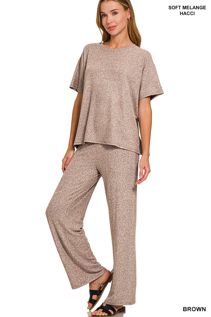 Soft Melange Short Sleeve Tee & Long Pants Set - Zenana