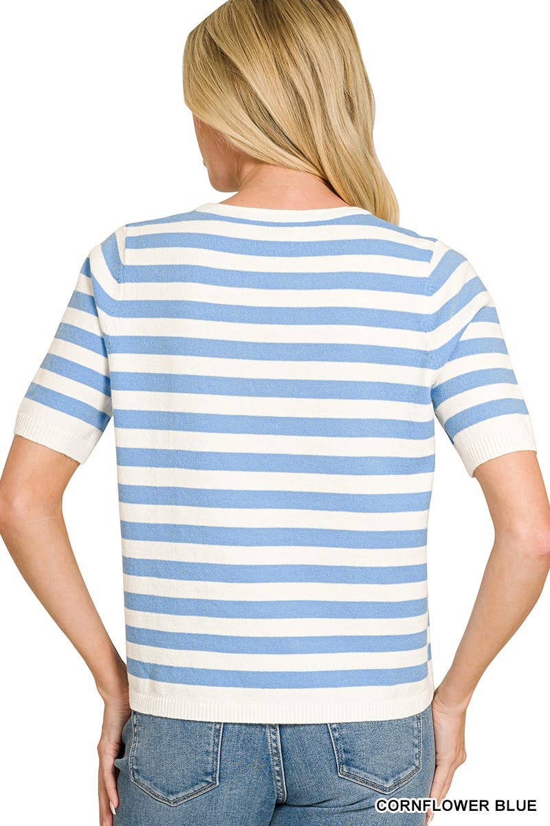 Split Neck Stripe Short Sleeve Sweater