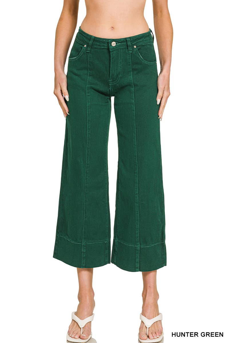 Mid Rise Wide Leg Cropped Color Denim Pants