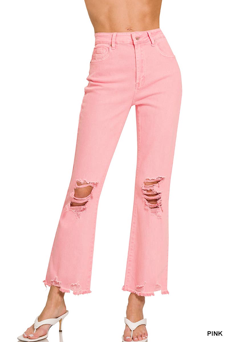 `Acid Wash High Waist Distressed Straight Leg Pants