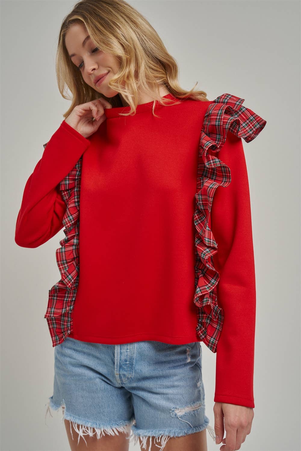 CHRISTMAS HOLIDAY BRUSHED TERRY TOP WITH PLAID_JLT00439-01