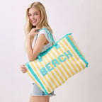 BEACH Letter Embroidery Terry Cloth Frayed Striped Shoulder Tote Bag