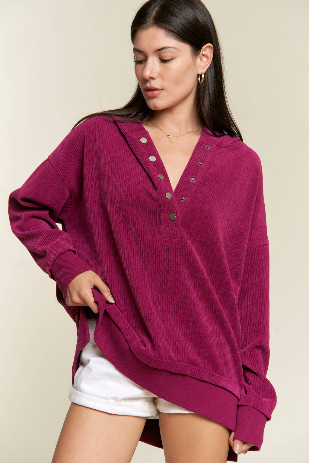Long Sleeve Button Down Ribbed Hooded Sweatshirt JJT5070