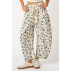BLUE FLORAL PRINT SEAM DETAIL PULL ON BARREL PANTS