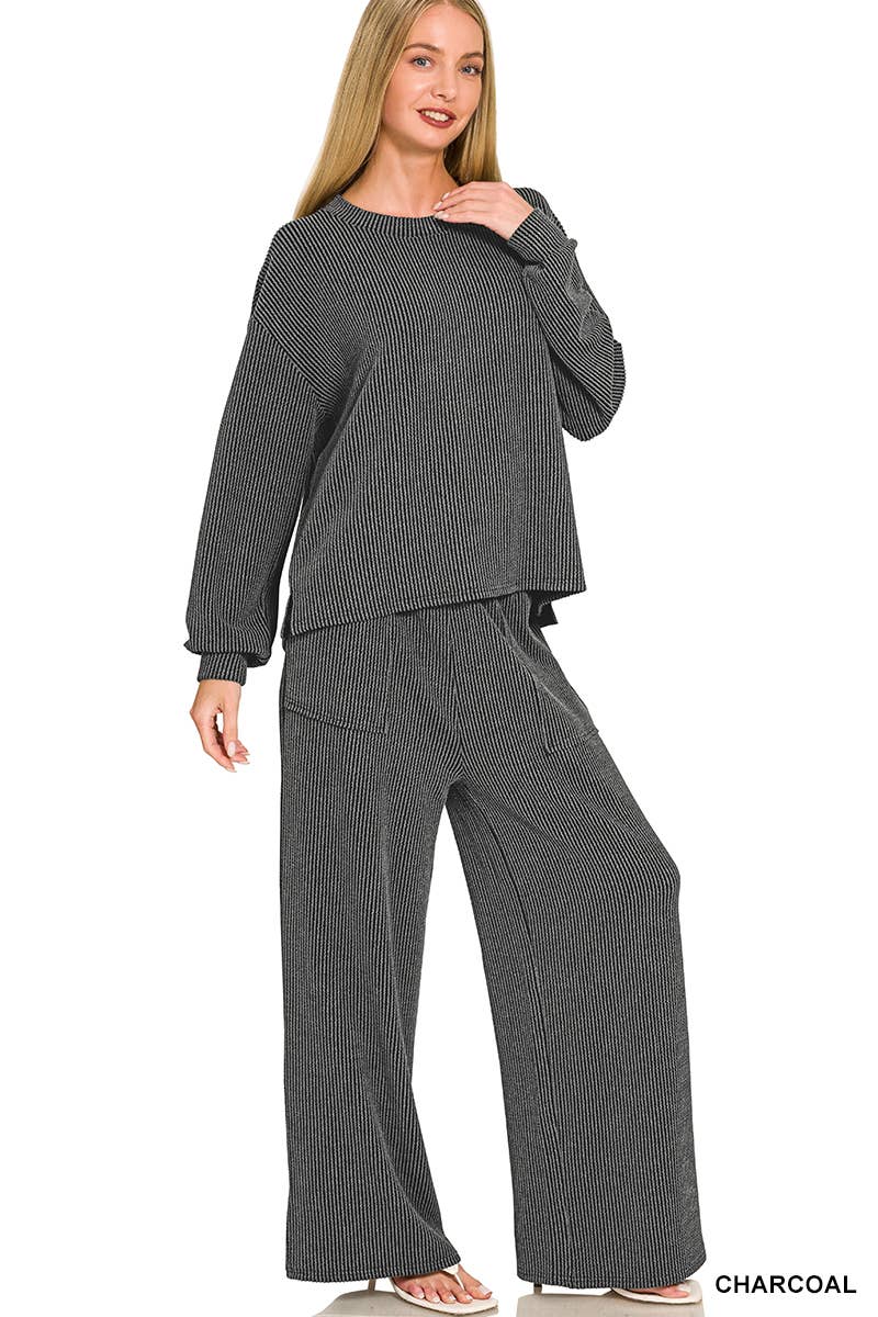 Raised Rib Round Neck Pullover & Pants 2PC Set