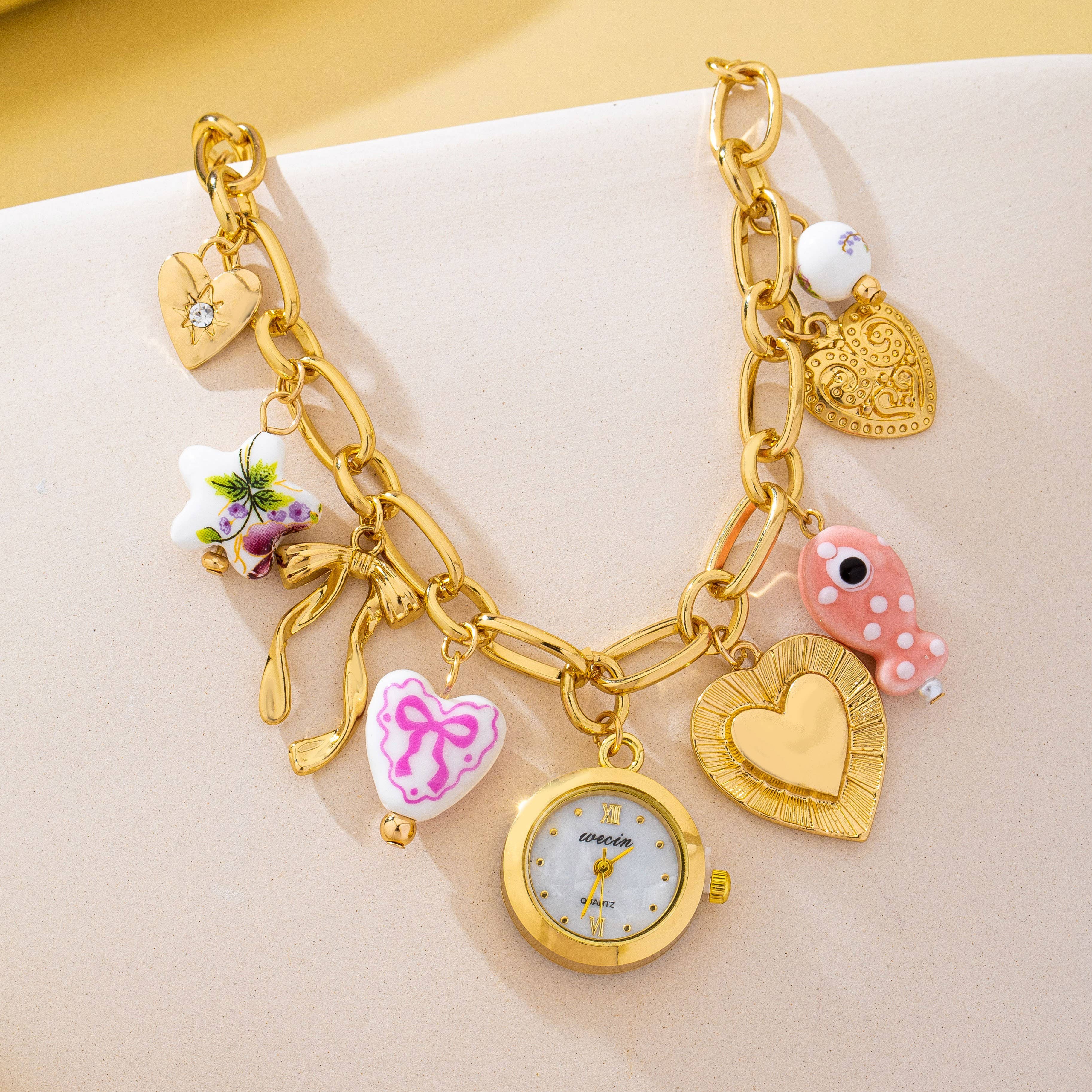 Vintage Pink Polka Dot Charm Watch Bracelet | 80W035