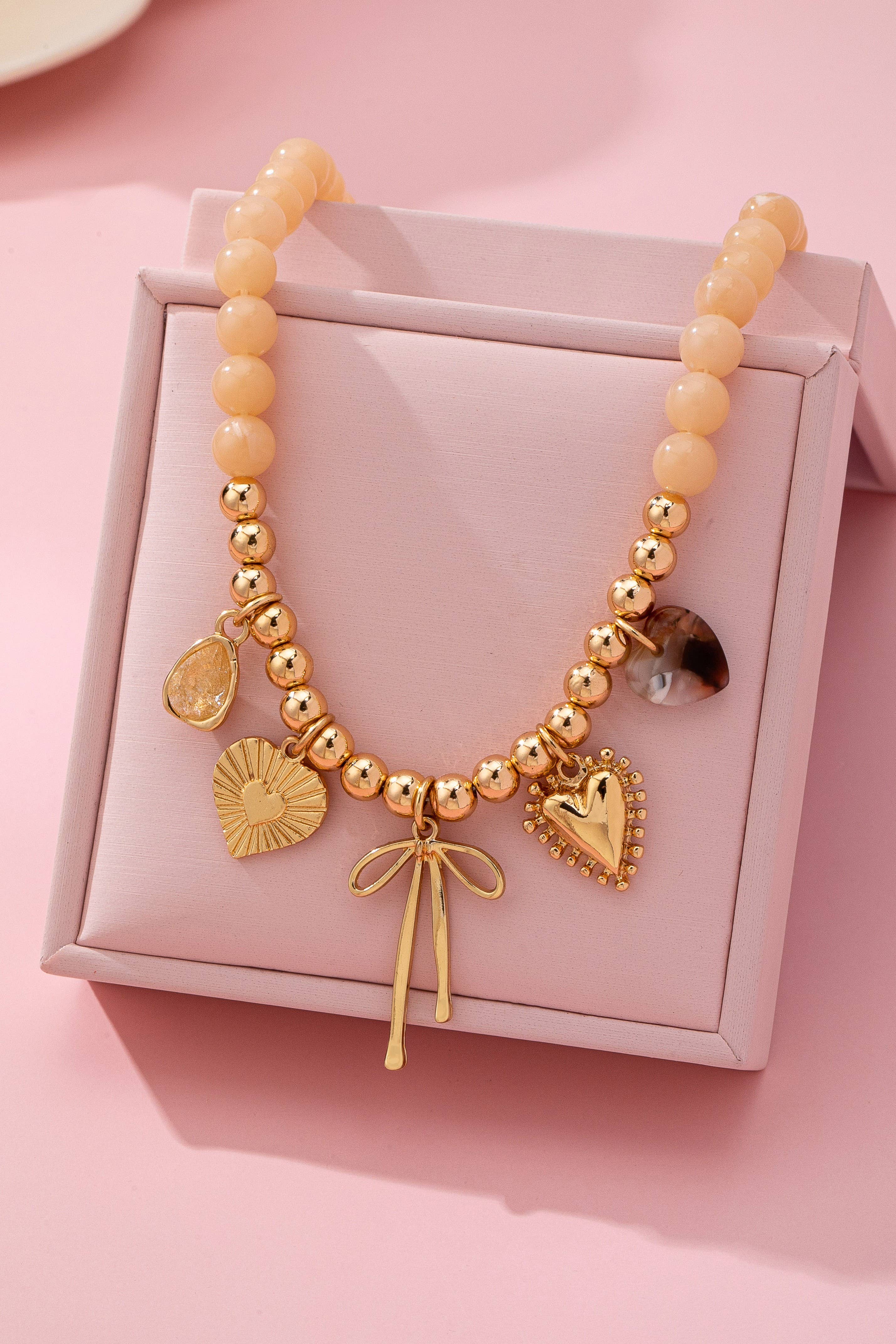 Beige Beaded Bow Heart Rhinestone Charm Necklace | 80N92689