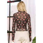 PLUS MESH STRAWBERRY PRINT HIGH NECKLINE CROP TOP