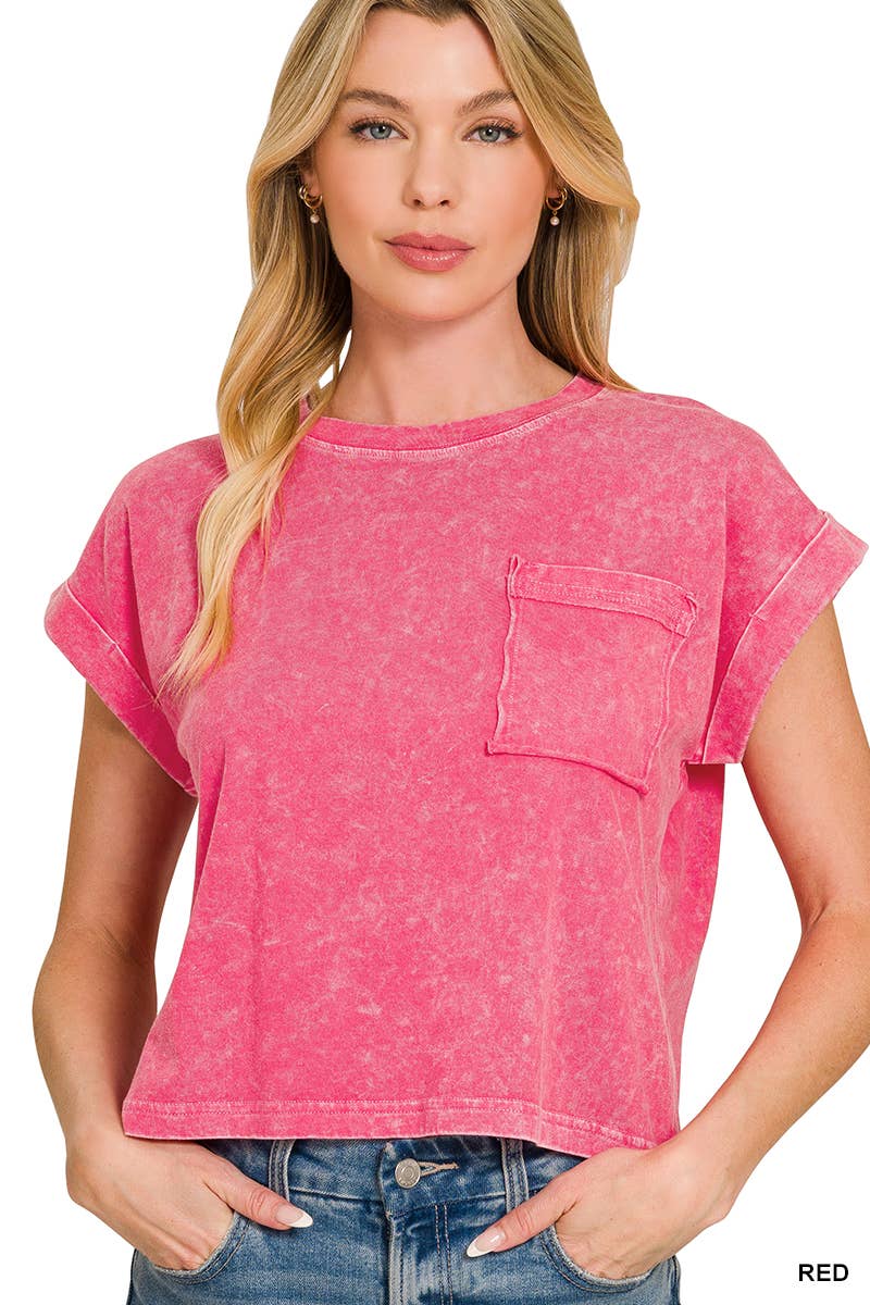 Halo Snow Washed Cotton Cuffed Short Sleeve Top - Zenana