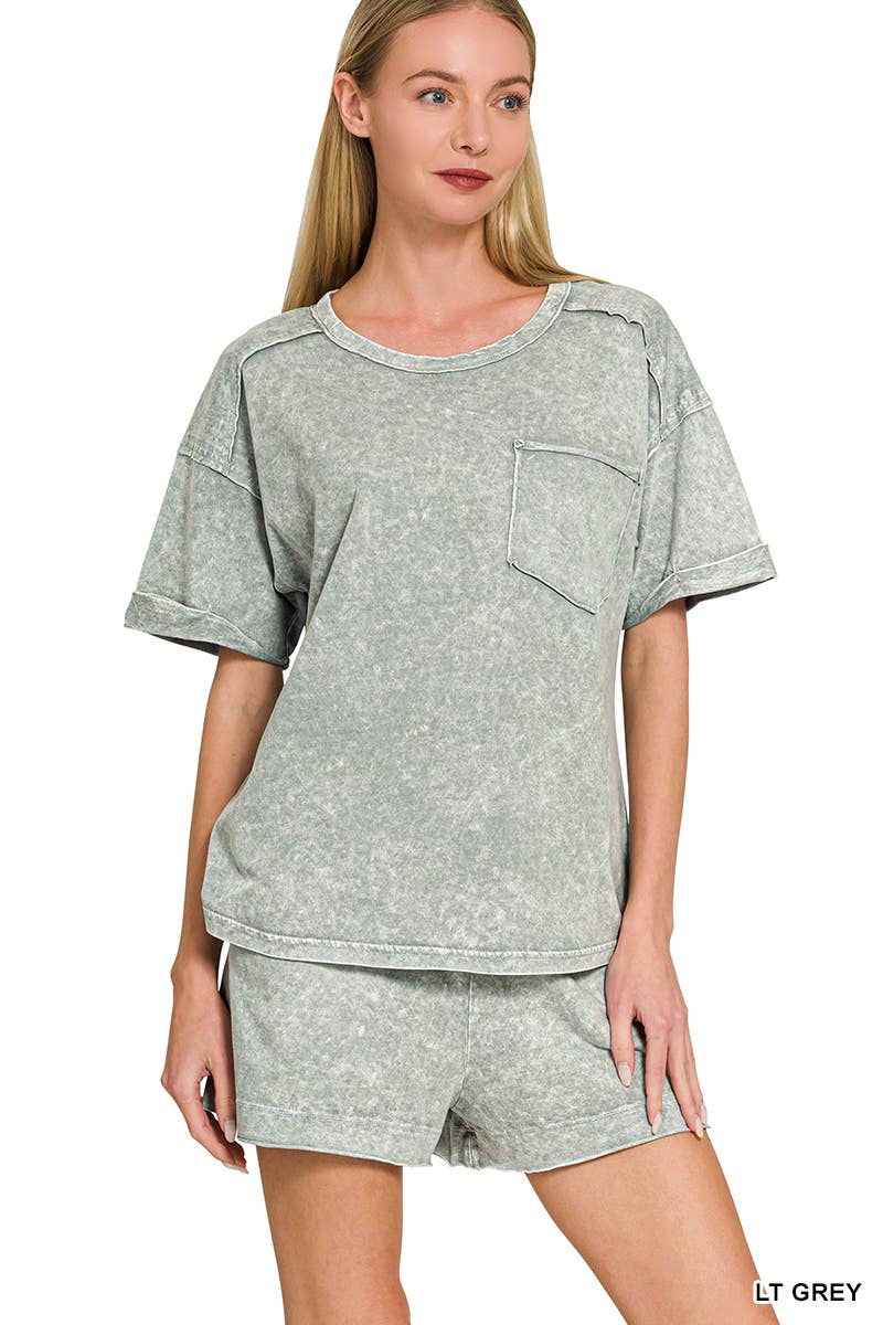Halo Snow Washed Exposed Seam Top & Shorts Set - Zenana