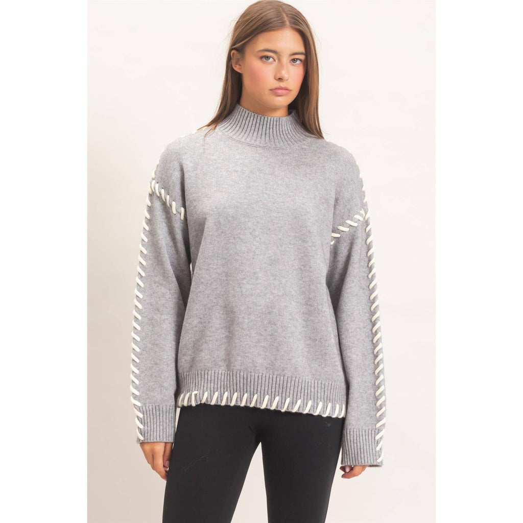 Blanket Stitch High Neck Sweater