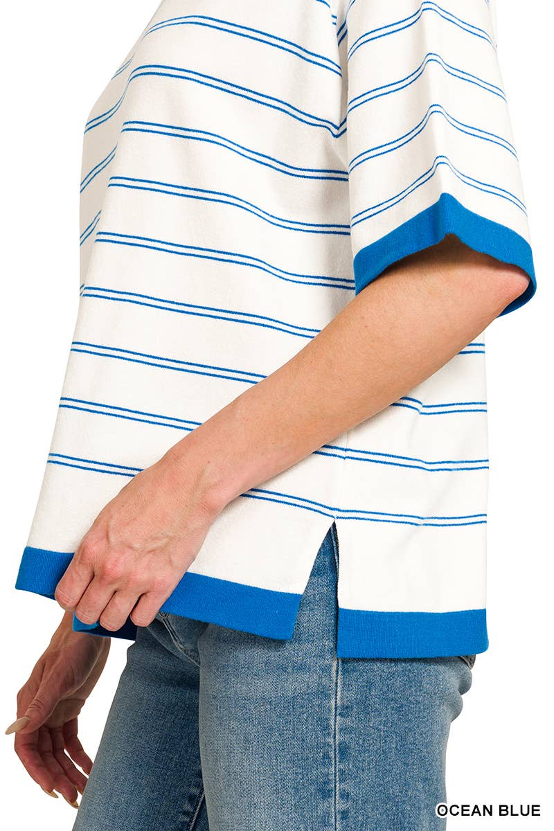 Oversized Viscose Stripe Short Sleeve Sweater