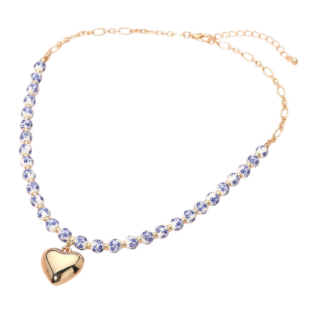 Floral Ceramic Ball Beaded Heart Pendant Necklace