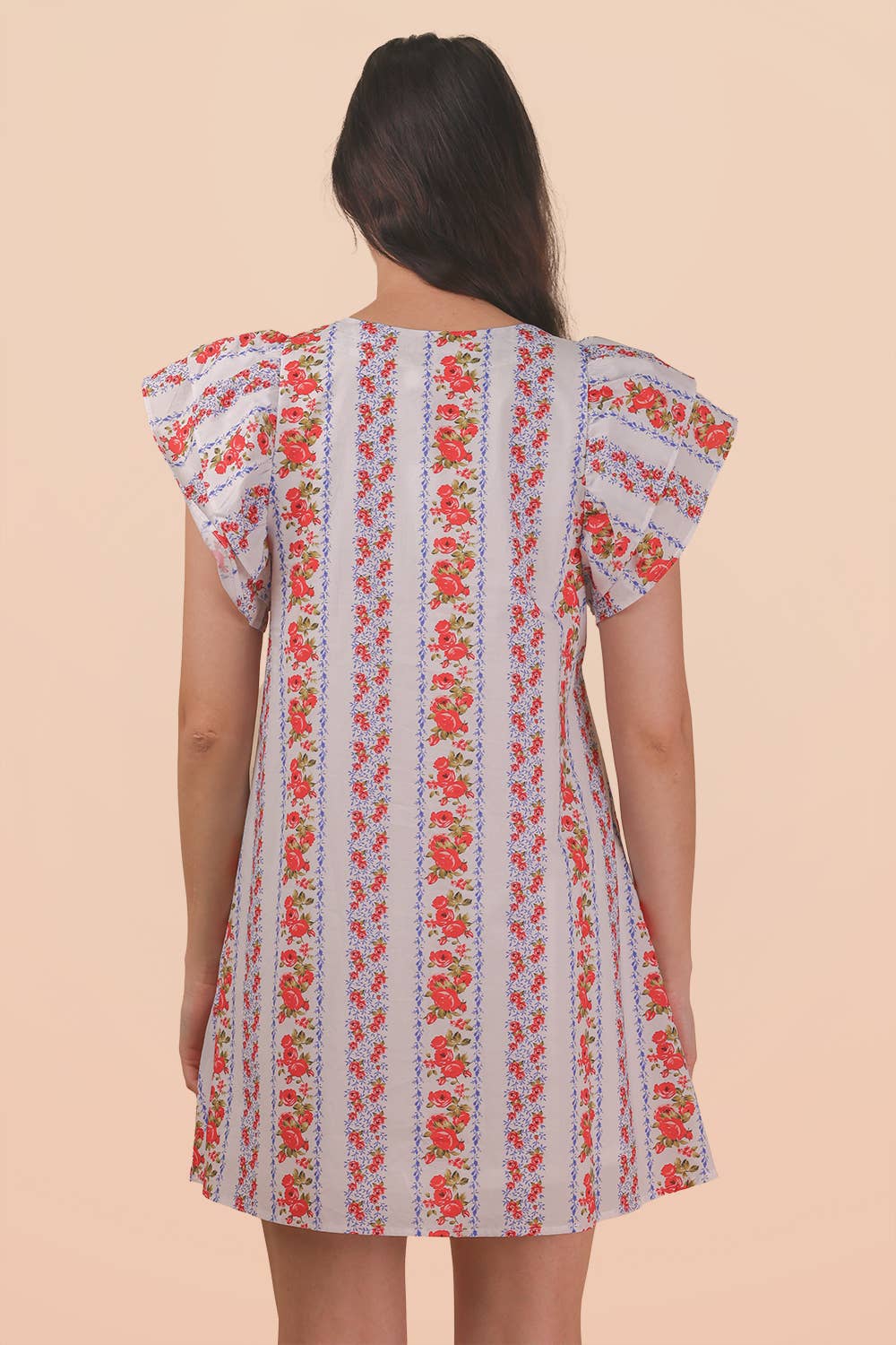 ND31775-Button Down Printed Ruffle Sleeve Mini Dress
