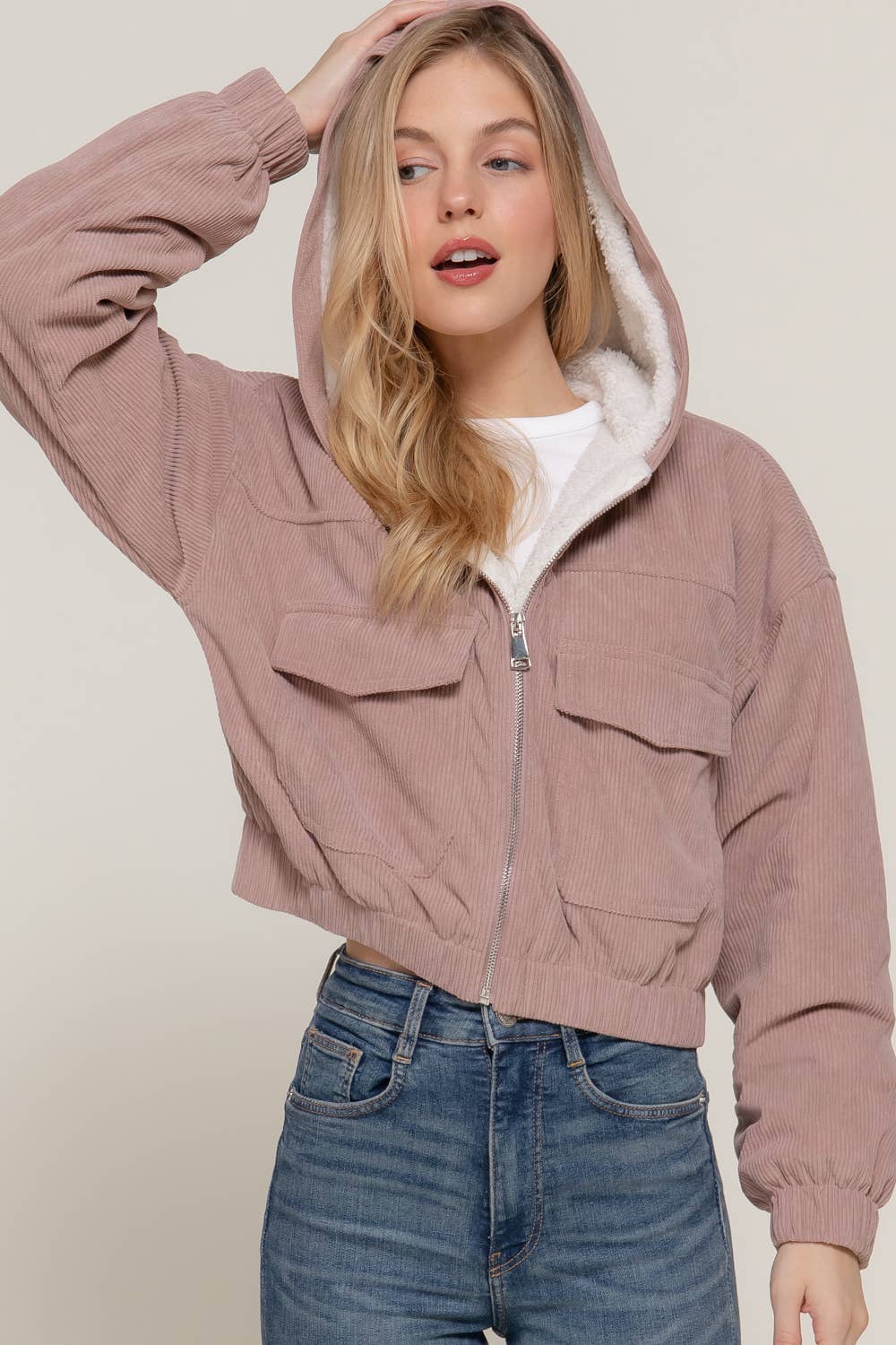 Long Sleeve Hoodie Inside Fur Corduroy Zip Up Jacket