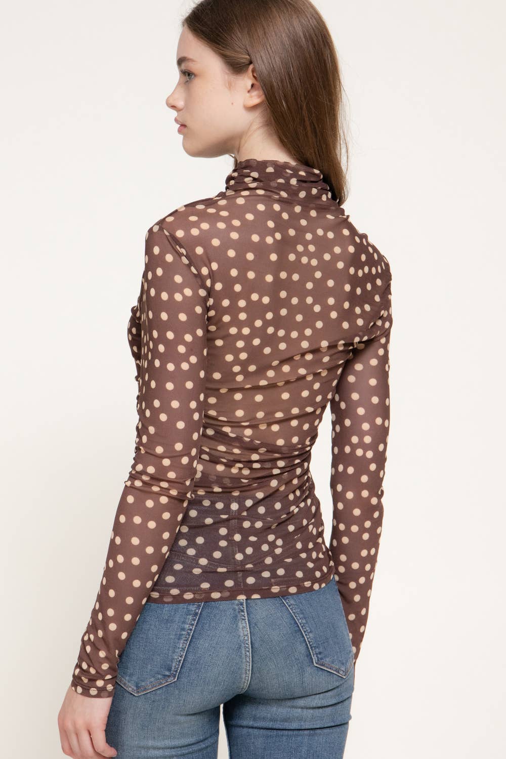 Long Sleeve High Neck Ruched Dot Print Mesh Top