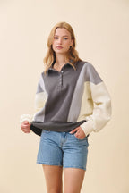 9161HK Collared Colorblock Henley Pullover Sweatshirt
