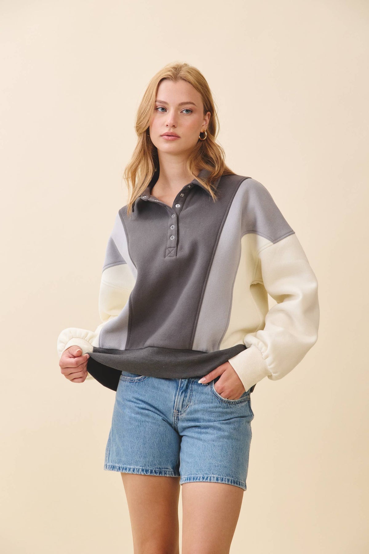 9161HK Collared Colorblock Henley Pullover Sweatshirt