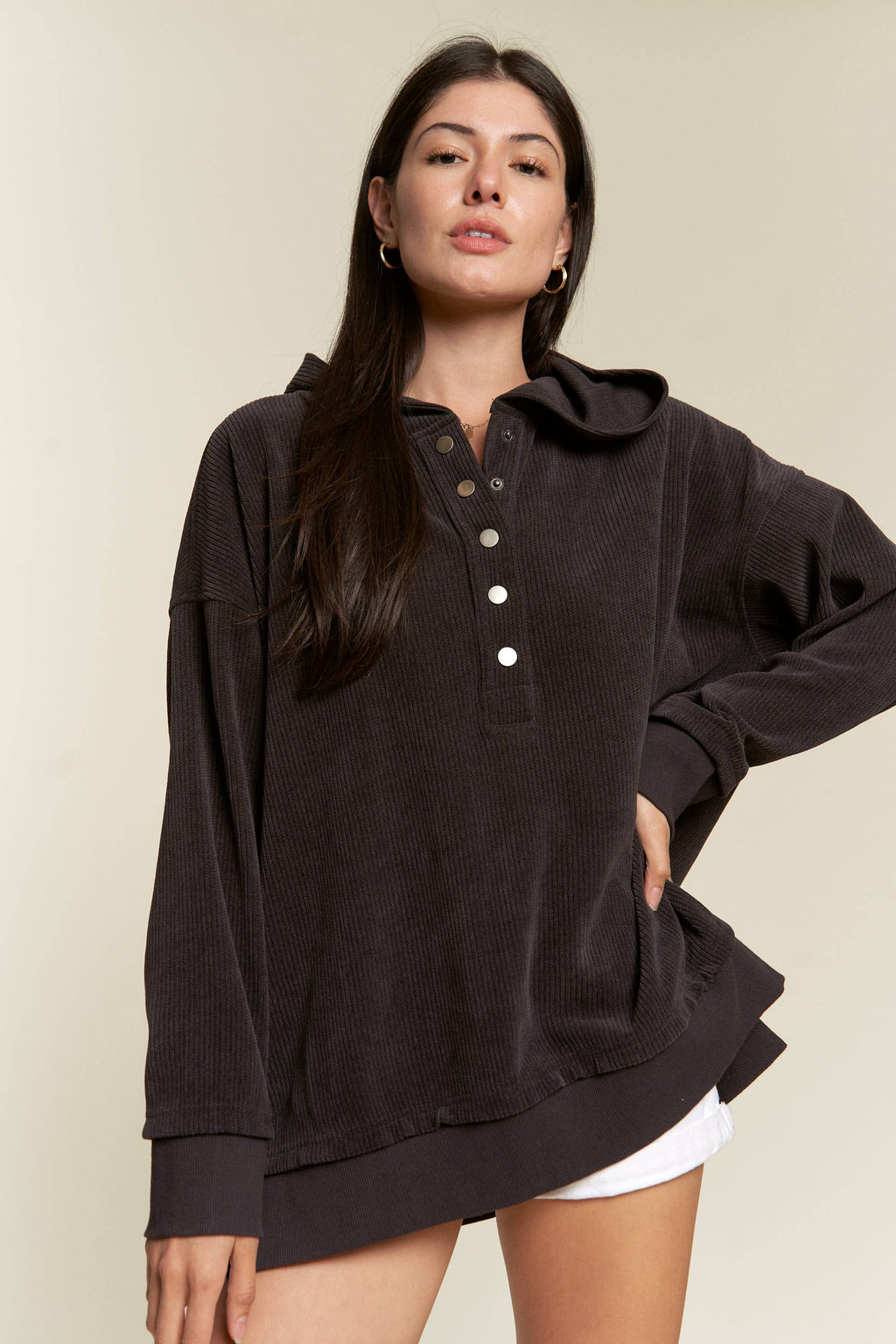 Long Sleeve Button Down Ribbed Hooded Sweatshirt JJT5070