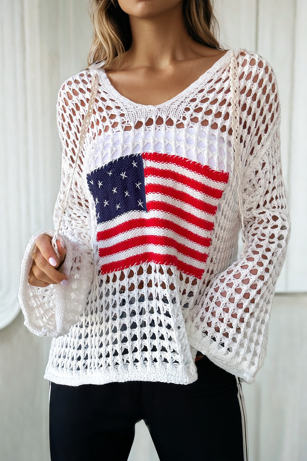 Crochet Knit American Flag Sweater Hoodie