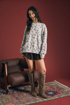 FLORAL DOT PRINT LONG SLEEVE TEXTURED KNIT TOP