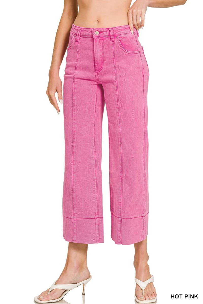 Mid Rise Wide Leg Cropped Color Denim Pants