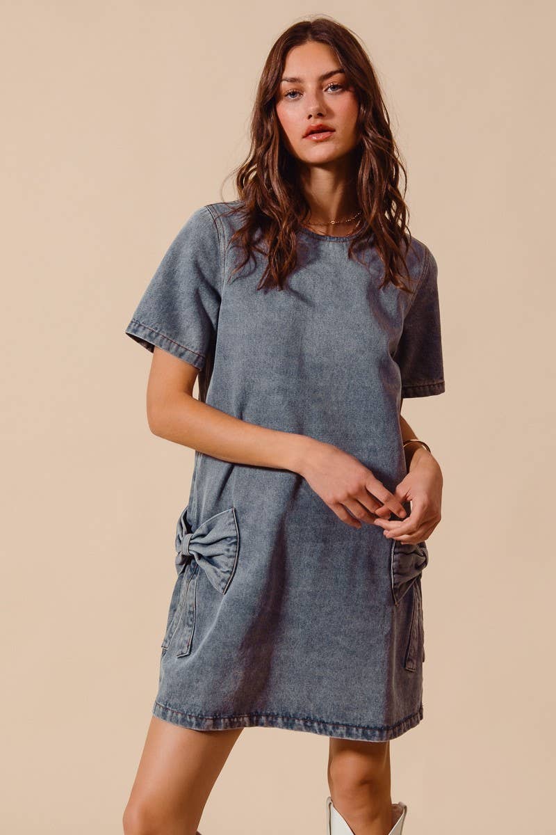 Bow Ribbon Knot Applique Denim Mini Dress